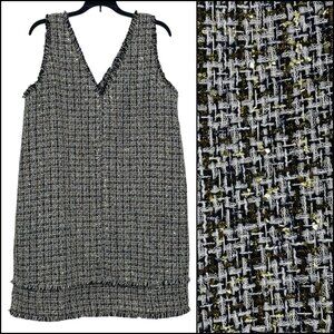 LOFT Womens Dress Size 12 Tweed Sleeveless V-Neck Fringe Navy Blue White Gold